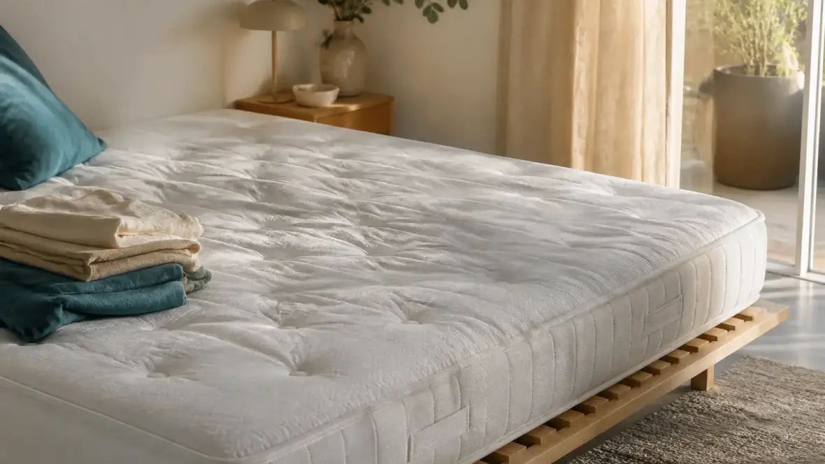 Matelas blanc posé sur un sommier à lattes, vu de biais, avec un léger creux visible au milieu de la surface