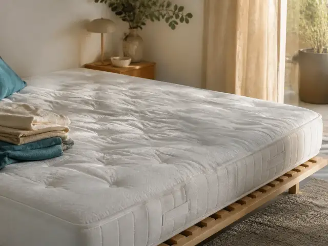 Matelas blanc posé sur un sommier à lattes, vu de biais, avec un léger creux visible au milieu de la surface