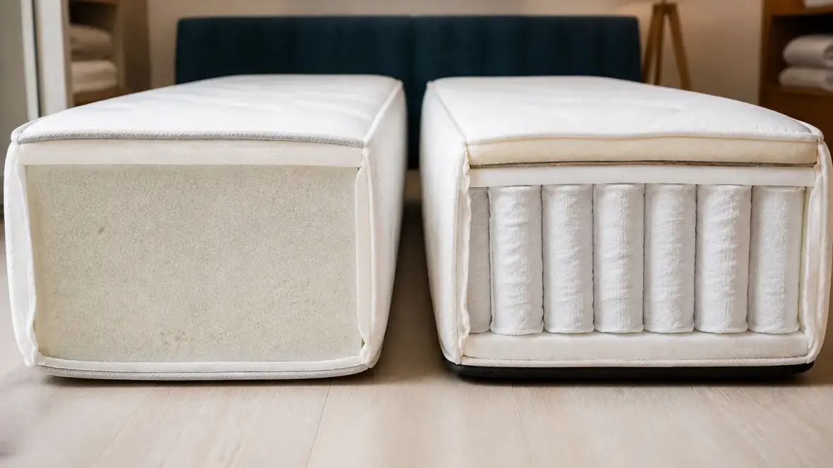 Coupe de deux matelas posés côte à côte, l’un en mousse pleine, l’autre à ressorts ensachés sous une couche de mousse