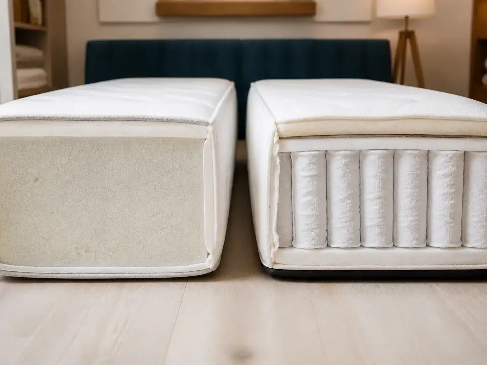 Coupe de deux matelas posés côte à côte, l’un en mousse pleine, l’autre à ressorts ensachés sous une couche de mousse