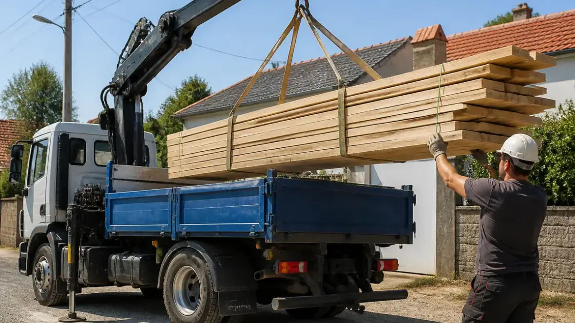 Camion avec grue déchargeant des planches de bois pour livraison de proximités chantier
