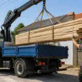Camion avec grue déchargeant des planches de bois pour livraison de proximités chantier