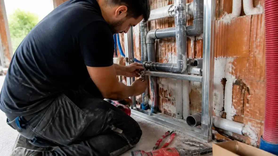 Un plombier installe des tuyaux pour proxichantier.fr fabricants dans une structure murale.