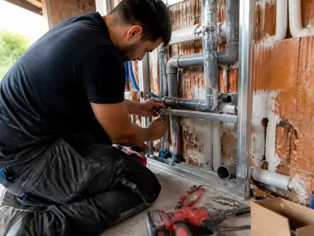 Un plombier installe des tuyaux pour proxichantier.fr fabricants dans une structure murale.