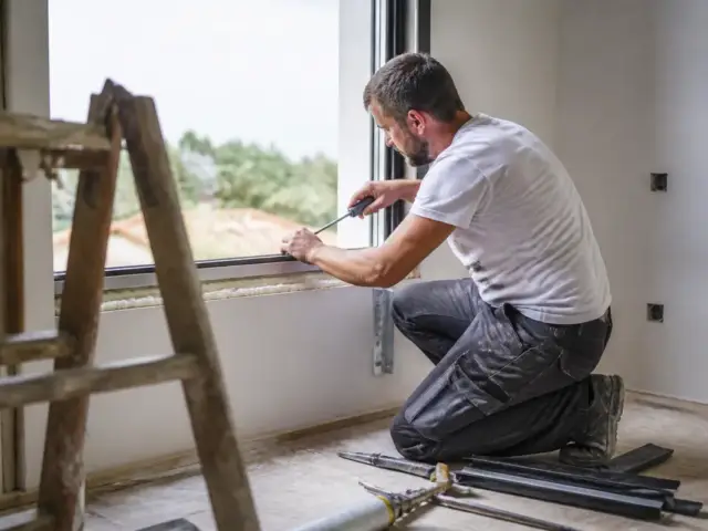 Homme installant une fenêtre lors d'un chantier avec proxichantier.fr pour l'installation facile