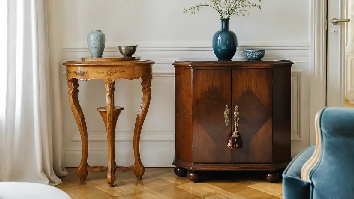 Deux meubles côte à côte, une petite table aux pieds sculptés en tiges végétales et un cabinet géométrique en bois sombre