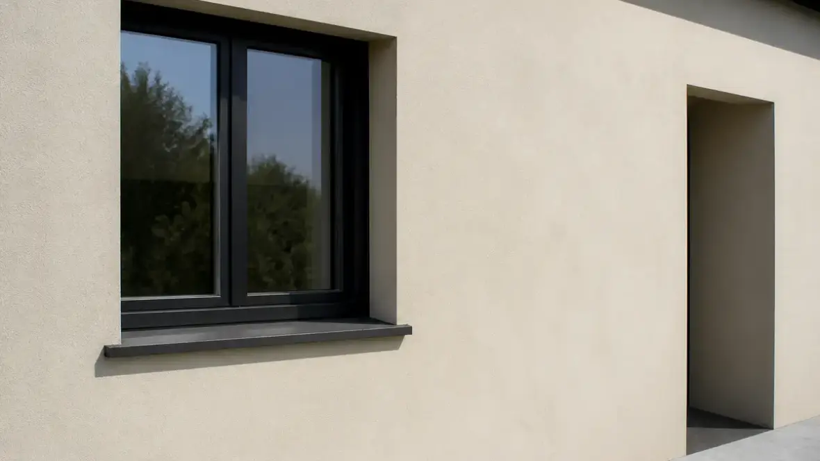 Façade moderne avec fenêtre sombre après crépissage par tousrenov.be rénovateur expert.
