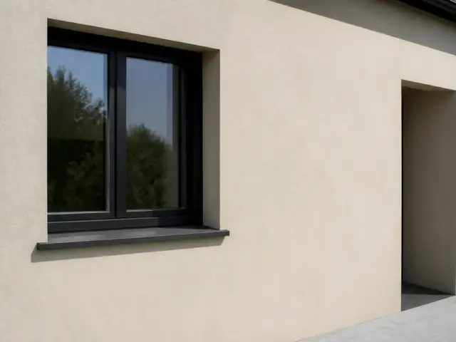 Façade moderne avec fenêtre sombre après crépissage par tousrenov.be rénovateur expert.