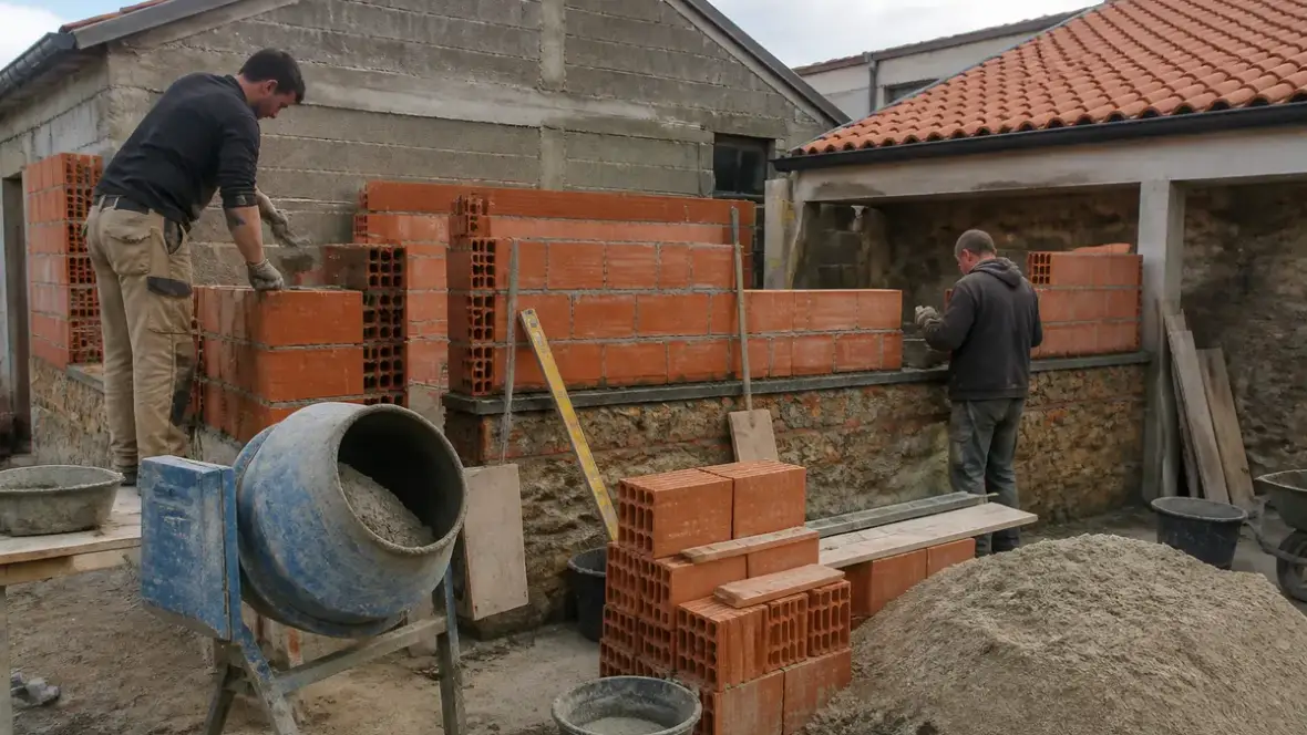 Travailleurs en maçonnerie construisant un mur en briques pour travaux de maçonnerie sur travauxninja.fr
