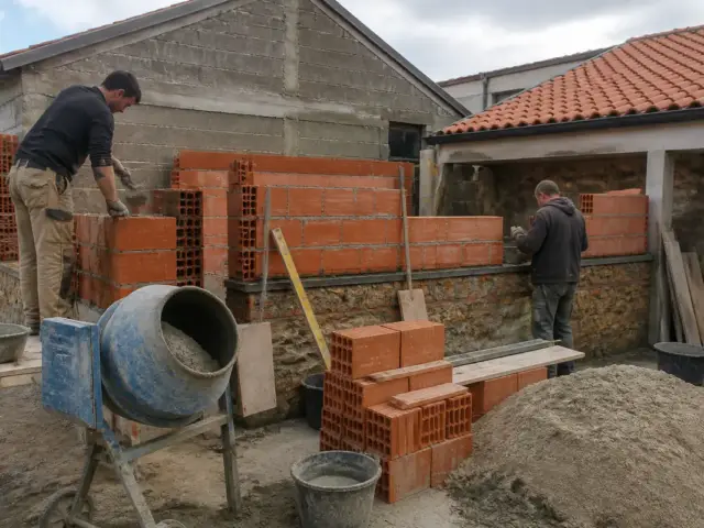 Travailleurs en maçonnerie construisant un mur en briques pour travaux de maçonnerie sur travauxninja.fr